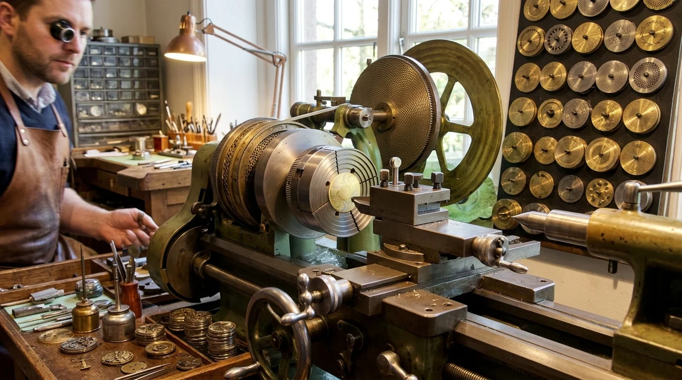 A watchmaker operating a vintage rose engine lathe surrounded by brass guilloche pattern discs