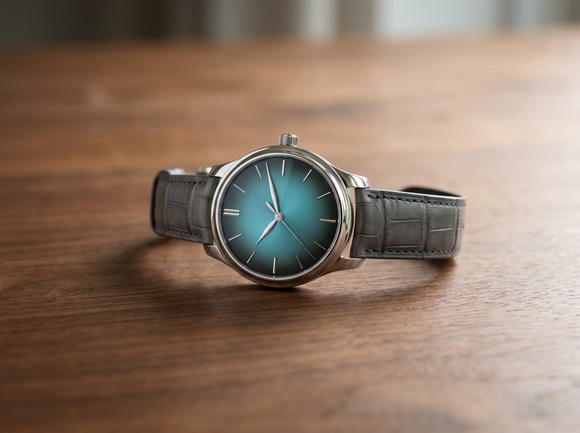 H. Moser & Cie Endeavour with a turquoise fume dial on a grey strap resting on walnut