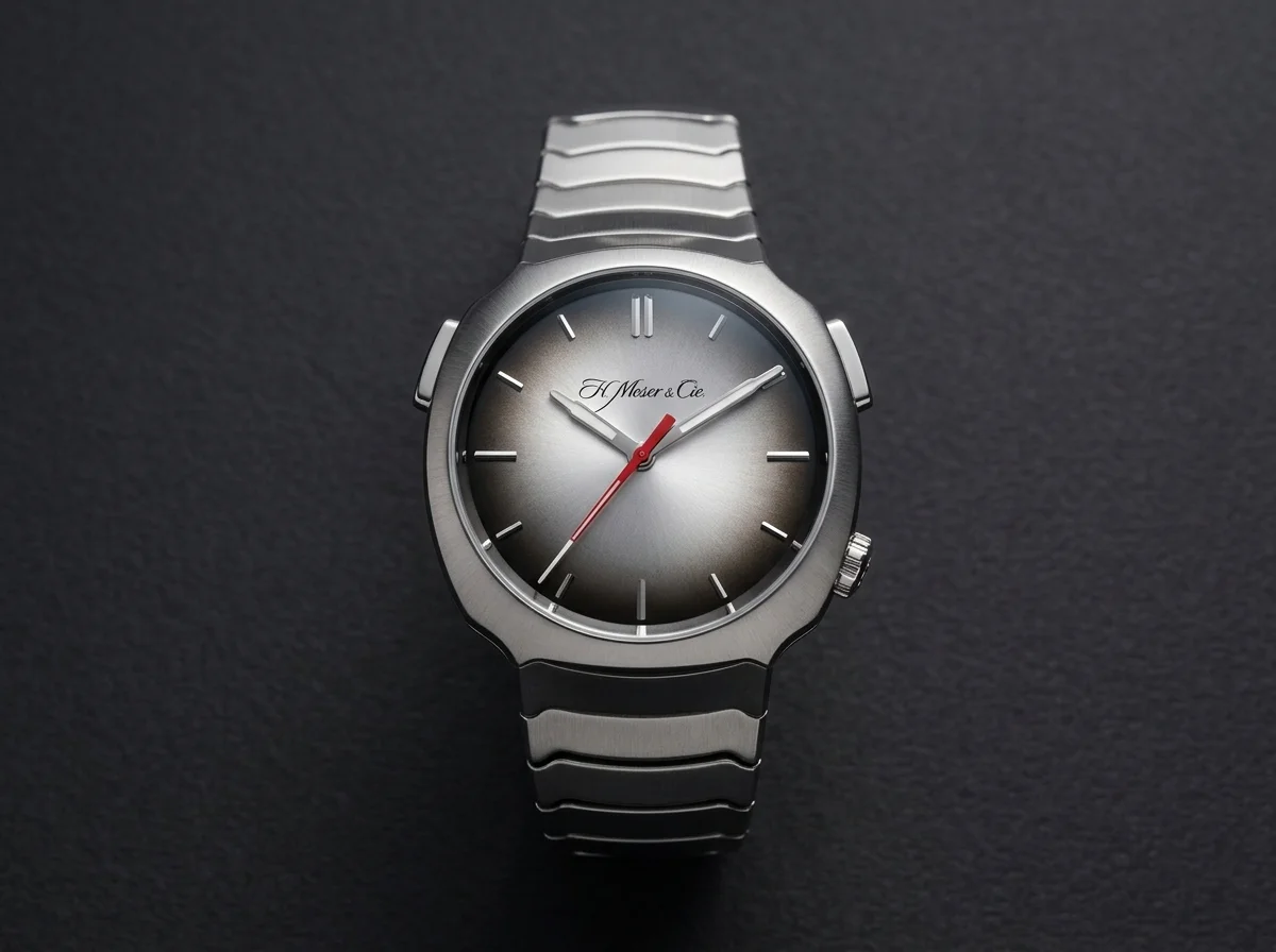 Close view of an H. Moser & Cie smoked fume dial fading from silver to charcoal