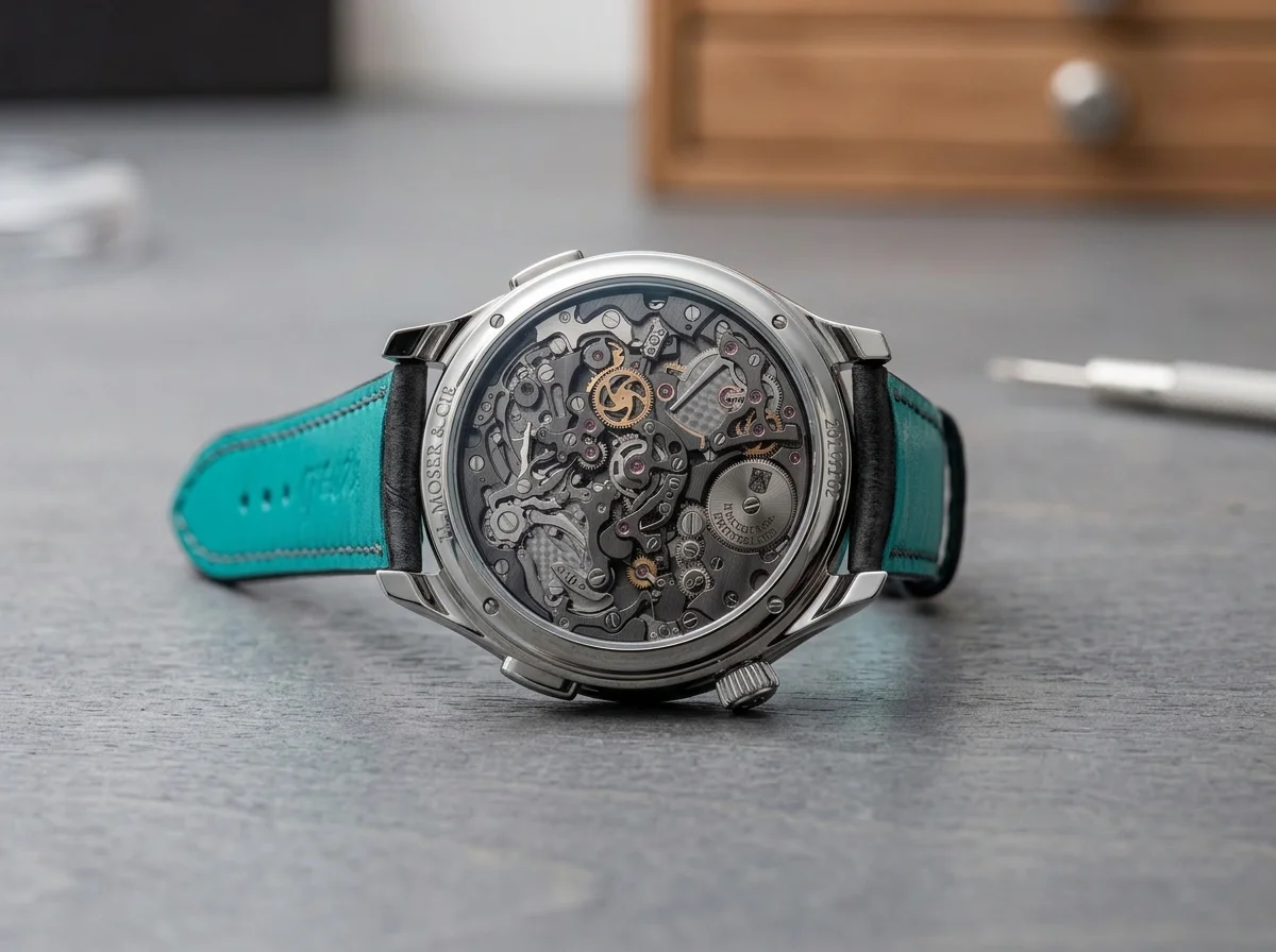 H. Moser & Cie hand-wound movement with anthracite bridges viewed through the sapphire caseback