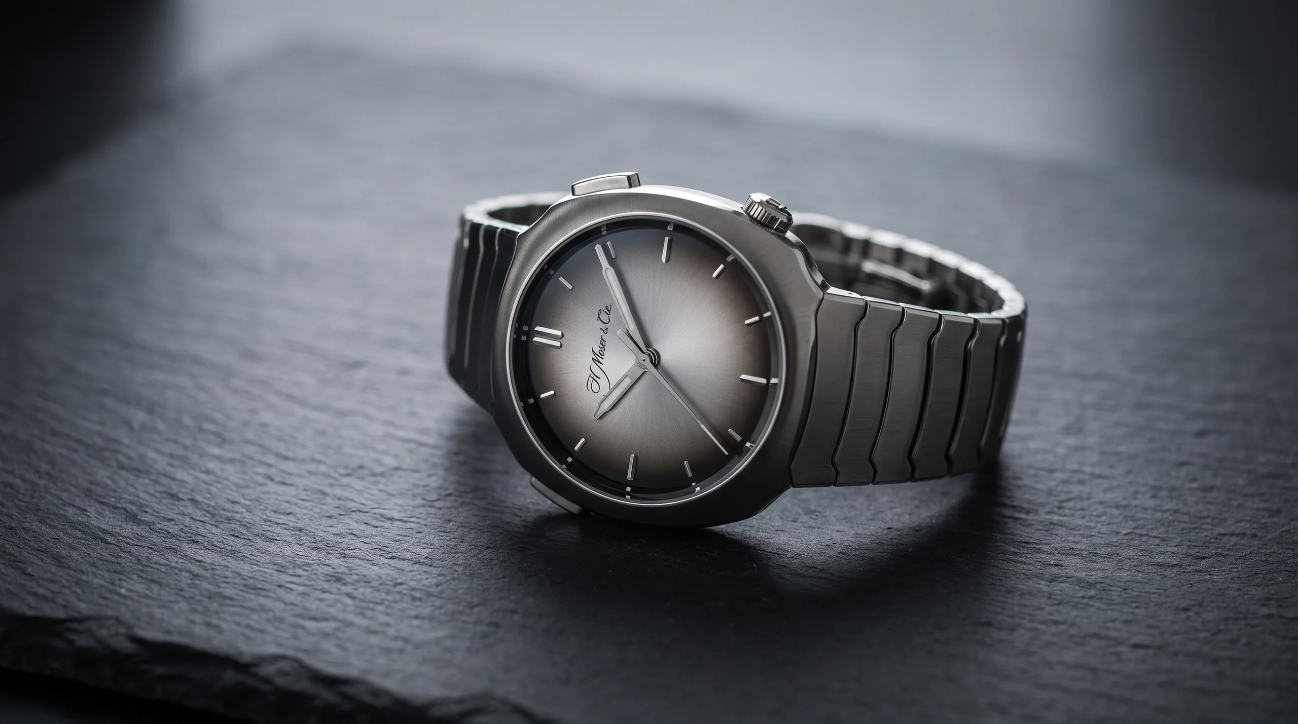 H. Moser & Cie Streamliner Flyback Chronograph with a grey fume dial and integrated bracelet on dark slate