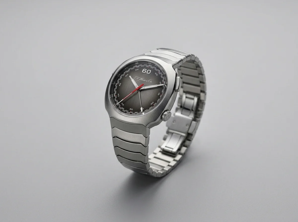 H. Moser & Cie Streamliner, three-quarter studio view showing the cushion case and integrated bracelet