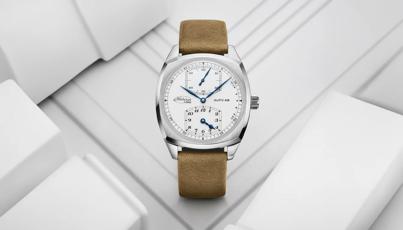 Habring2 Josef Regulator watch with deadbeat seconds, front view on minimal white surface