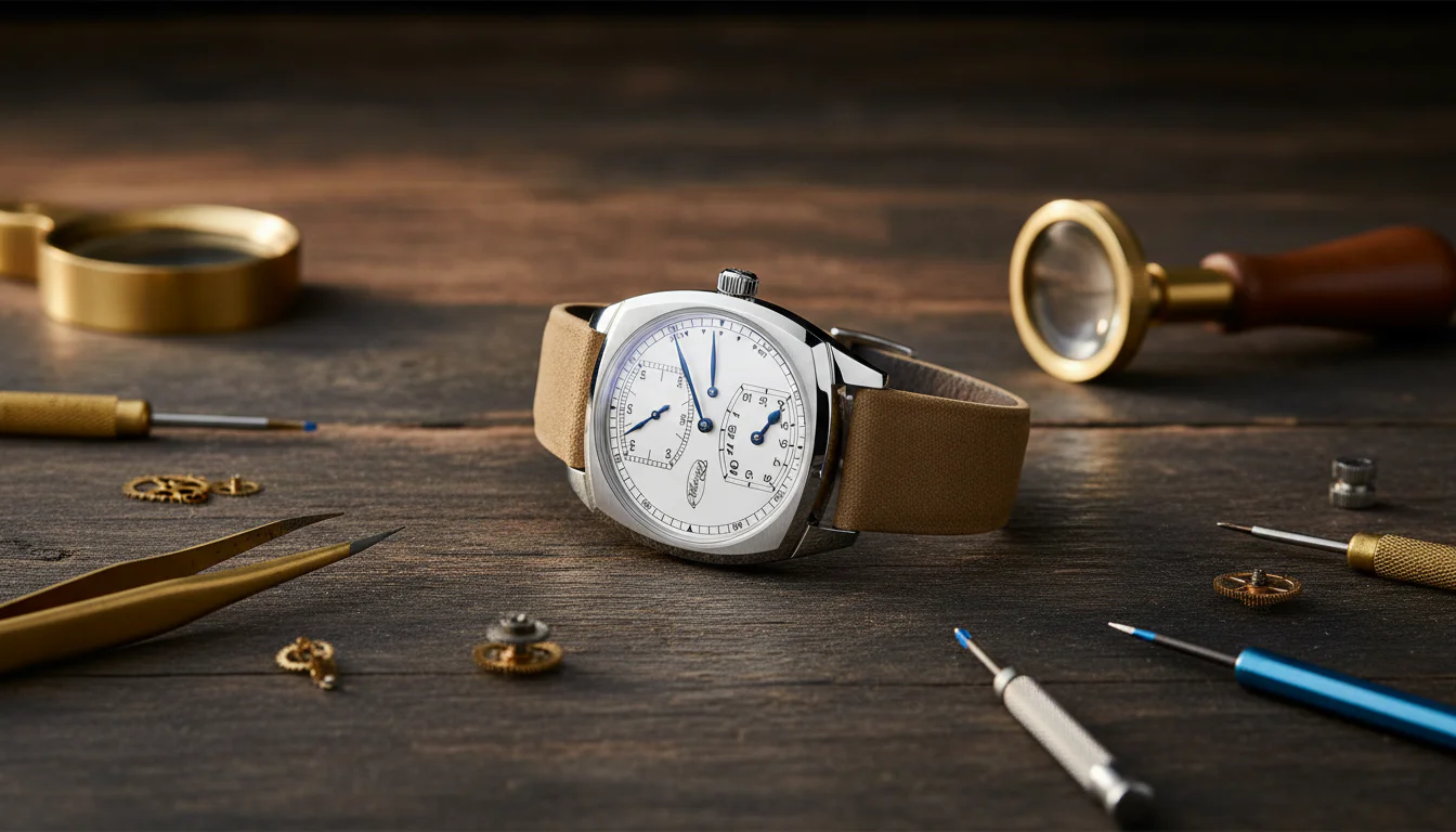 Habring2 Josef Regulator watch on a watchmaker's bench surrounded by tools