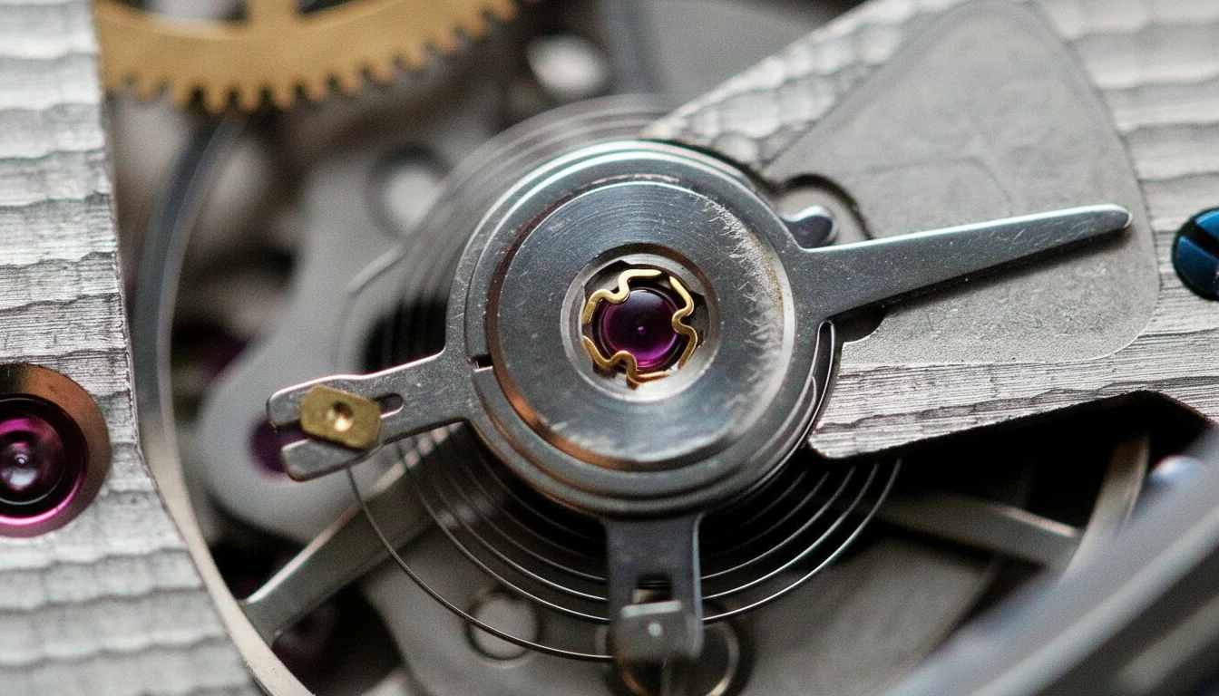 A watch balance wheel stopped by a hacking lever, the mechanism behind hacking seconds
