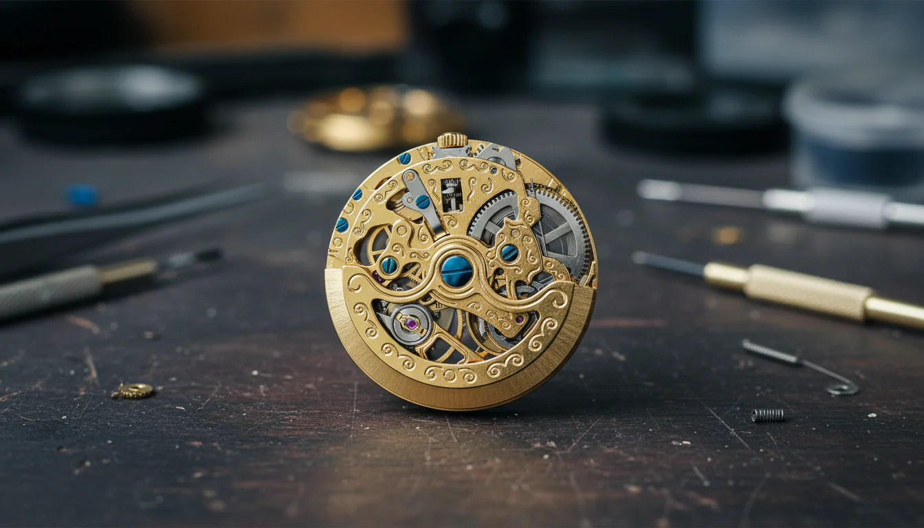 An automatic movement with the balance stopped during time setting