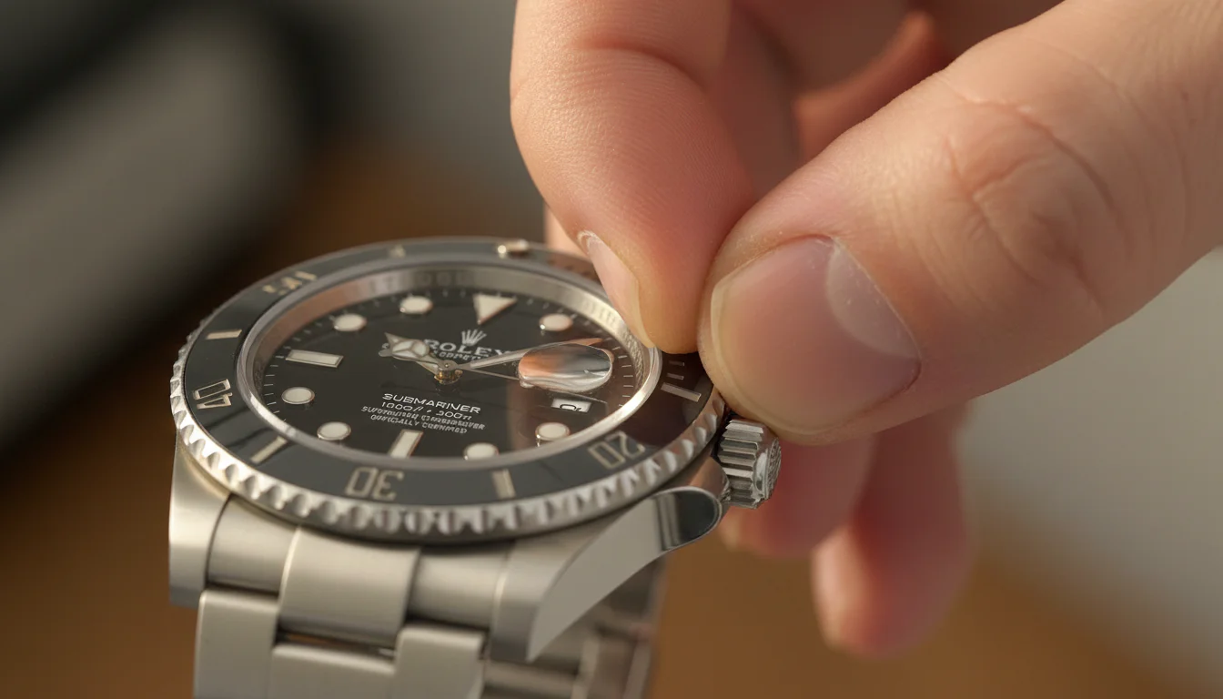 Hacking seconds, fingers pulling out a watch crown to set the time precisely