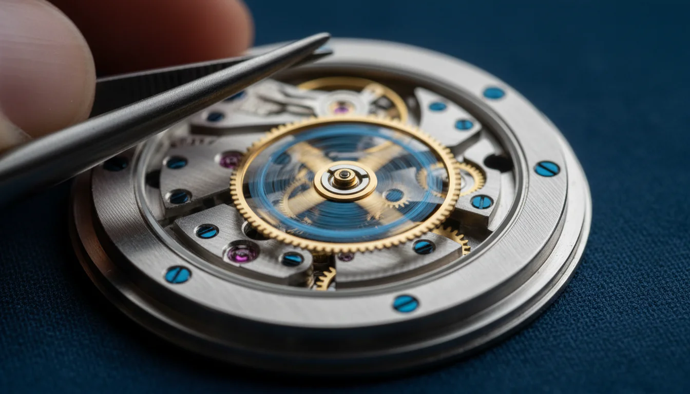 Watchmaker holding a mechanical watch movement with the balance wheel and hairspring visible, macro view