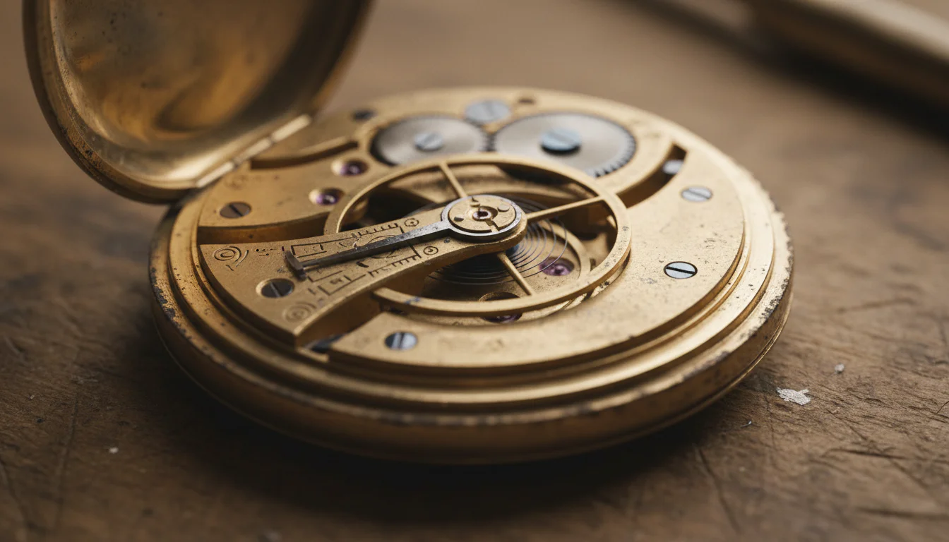 Vintage pocket watch movement with visible balance wheel and coiled hairspring, macro detail