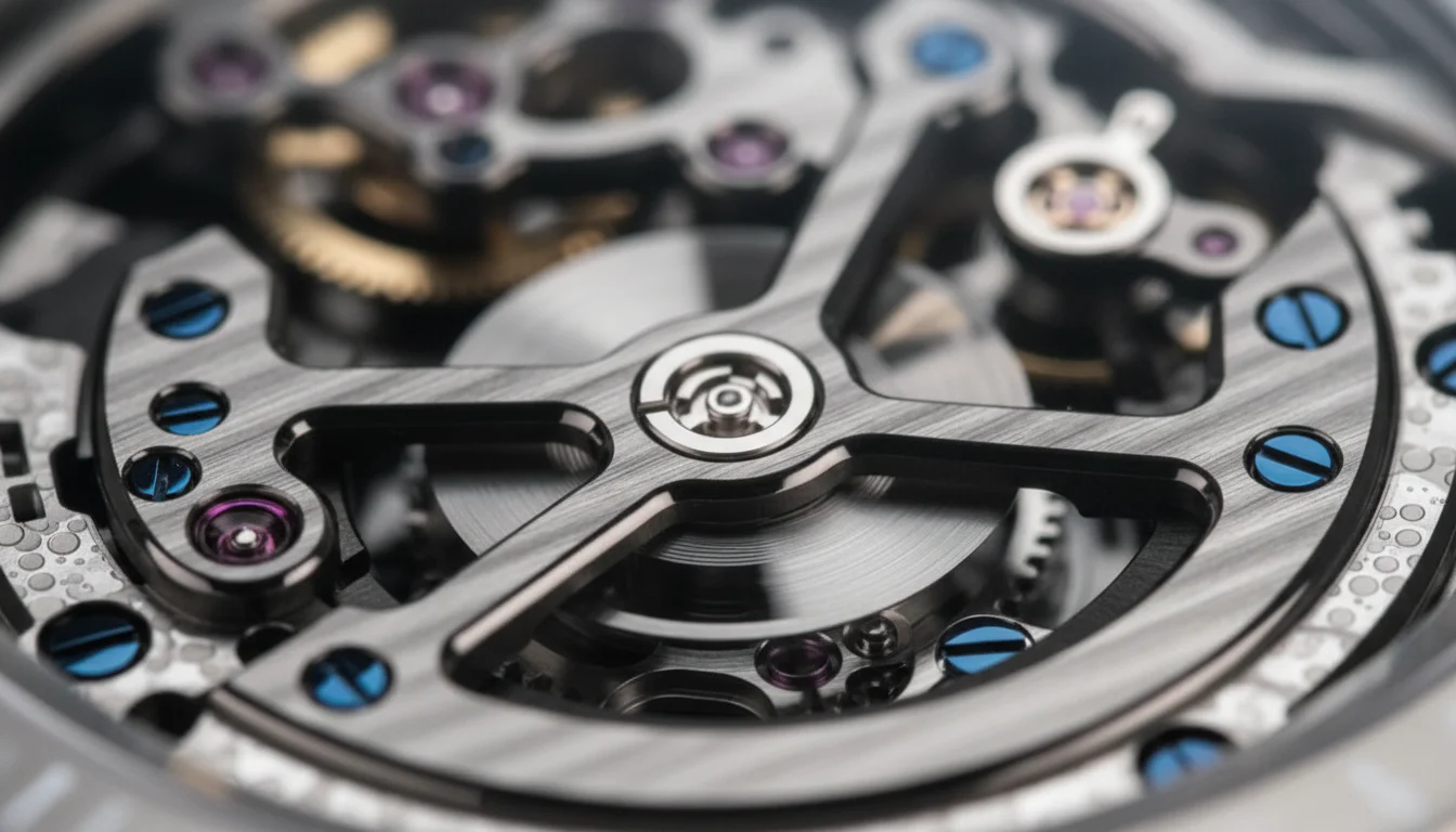 Modern watch movement with finely finished balance wheel and blued screws, macro view