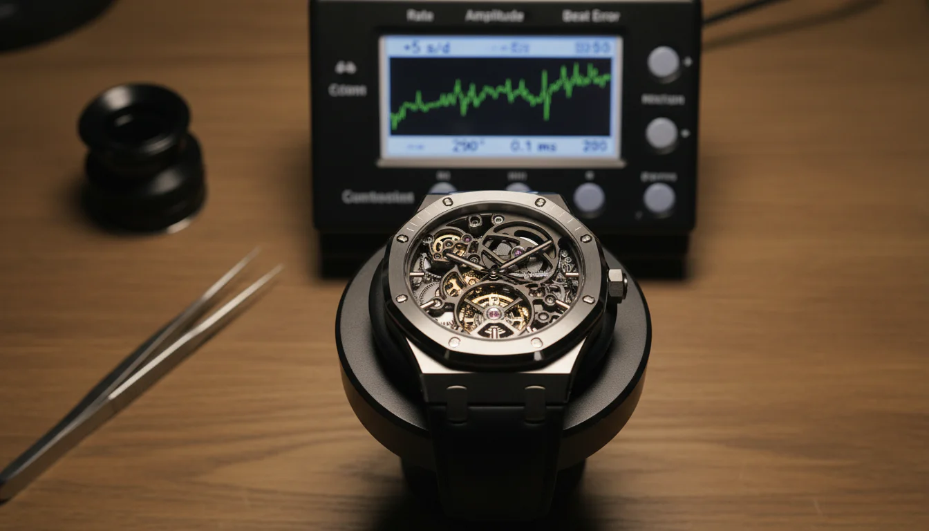 Skeletonized watch resting on a watchmaker's timing machine, checking rate accuracy on the workbench