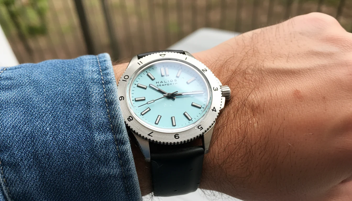 Halios Seaforth dive watch with ice blue dial worn on the wrist outdoors