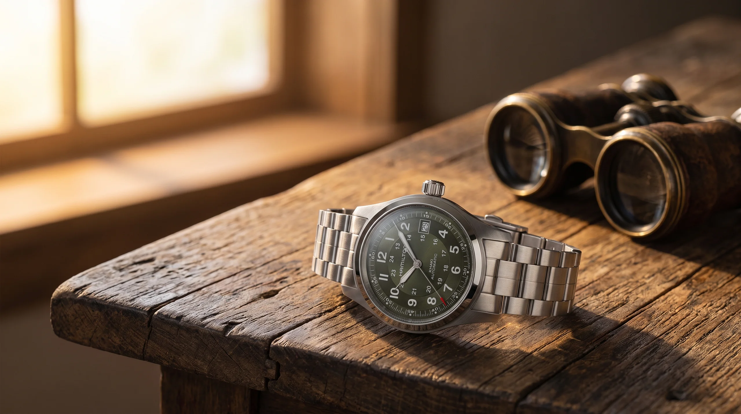 Hamilton Khaki Field Automatic on a steel bracelet, the H-10 powered field watch with 80-hour reserve
