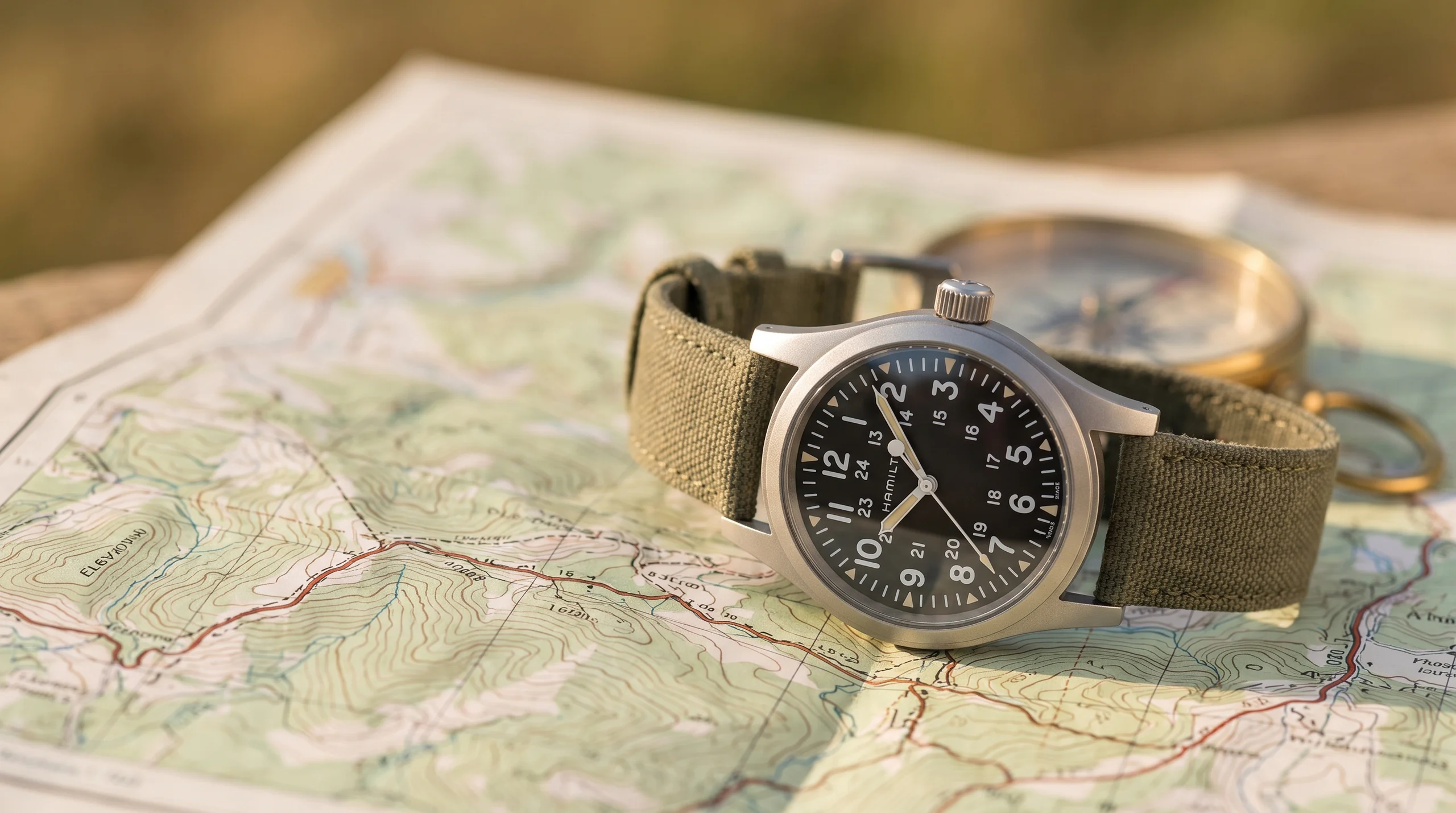 Hamilton Khaki Field Mechanical on a topographic map with a compass