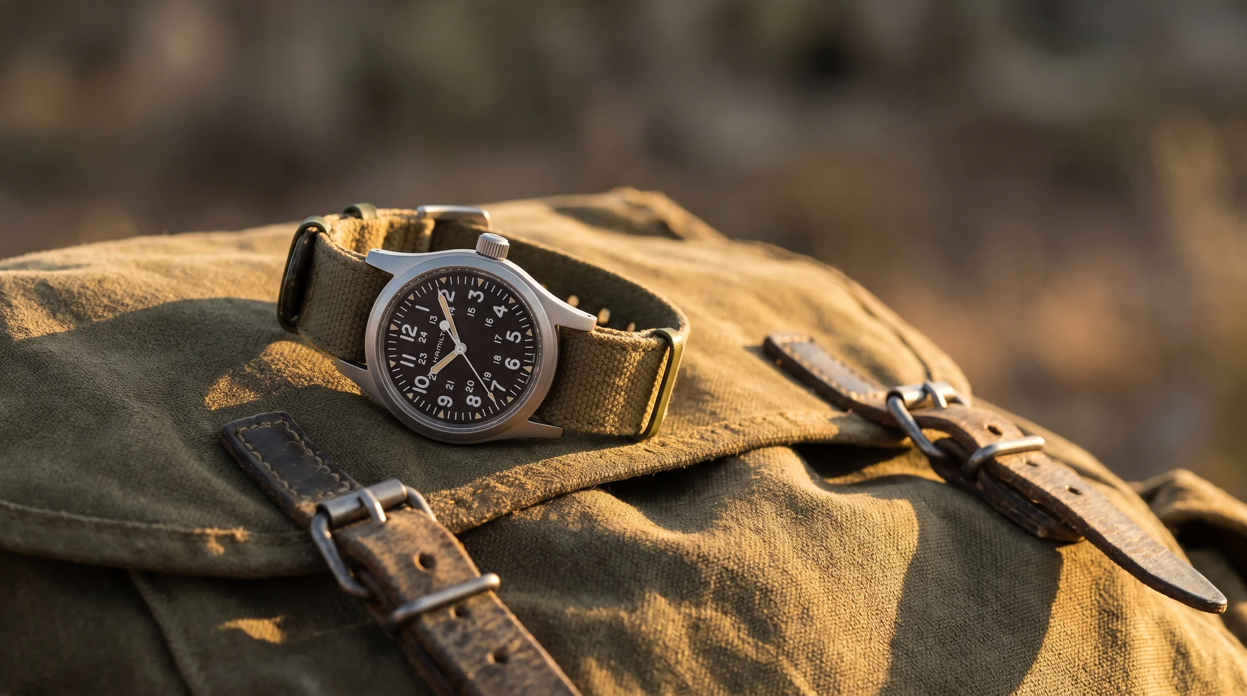 Hamilton Khaki Field Mechanical field watch on a canvas backpack, the $500 mechanical a dealer respects