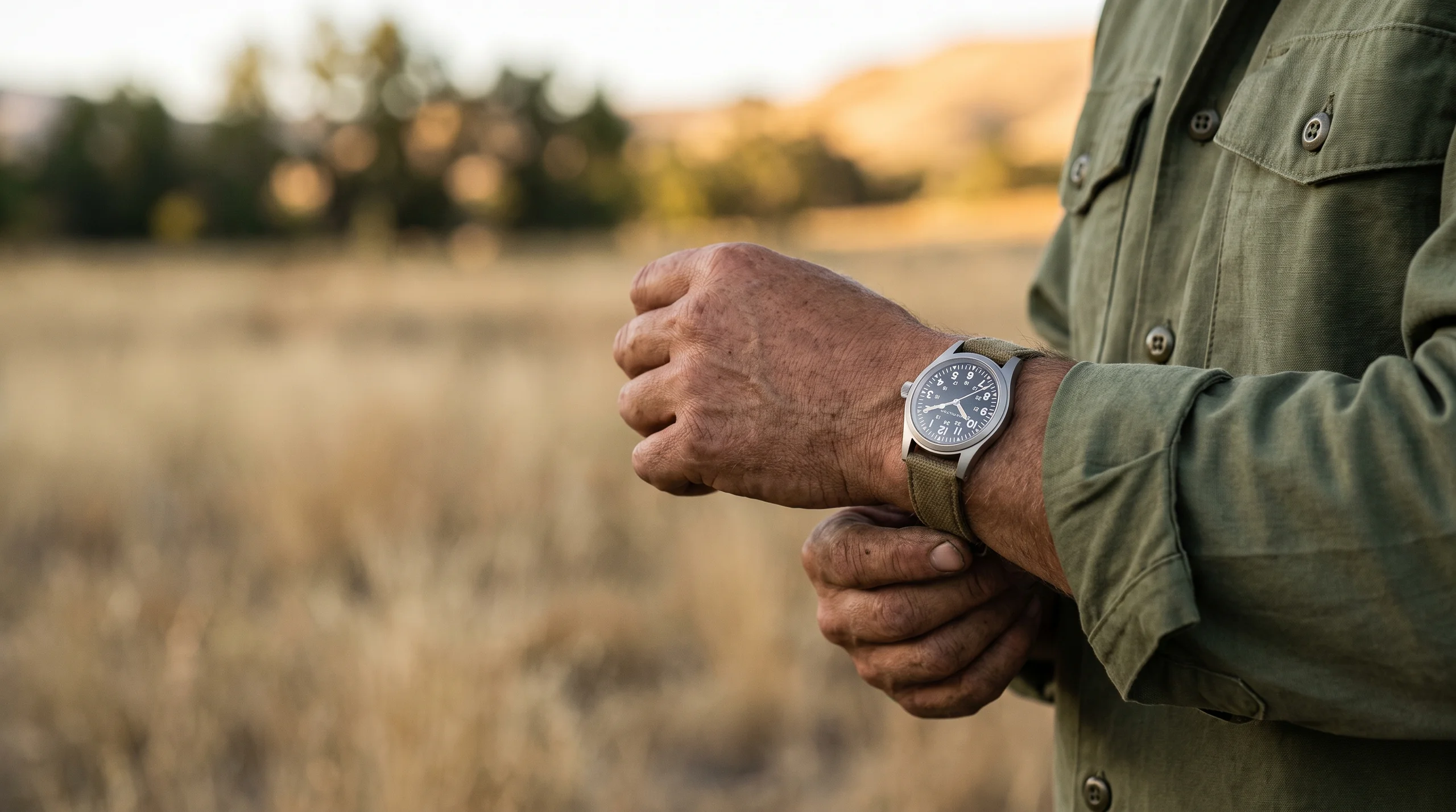 Hamilton Khaki Field Mechanical worn on the wrist outdoors, a hand-wound military-style field watch