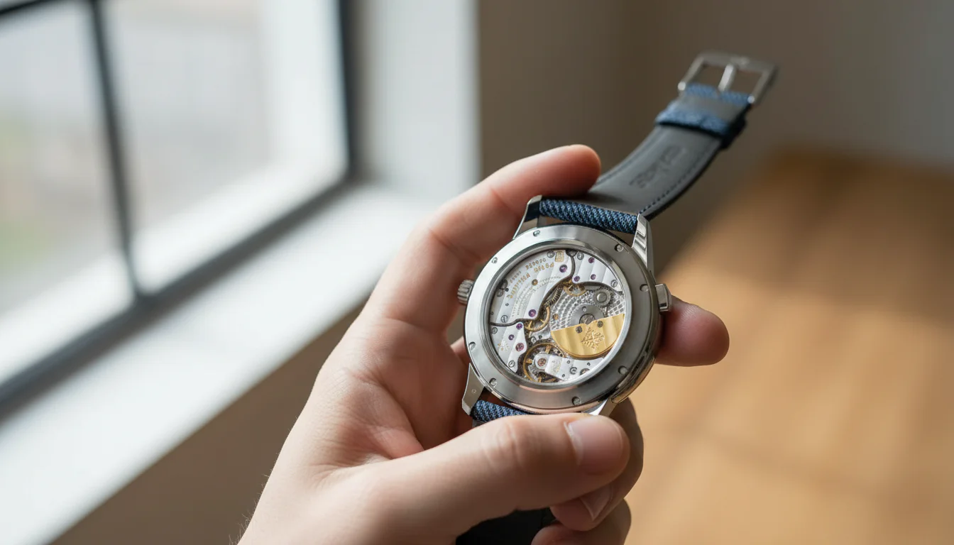 A hand holding a wristwatch face down showing its sapphire exhibition caseback and visible movement