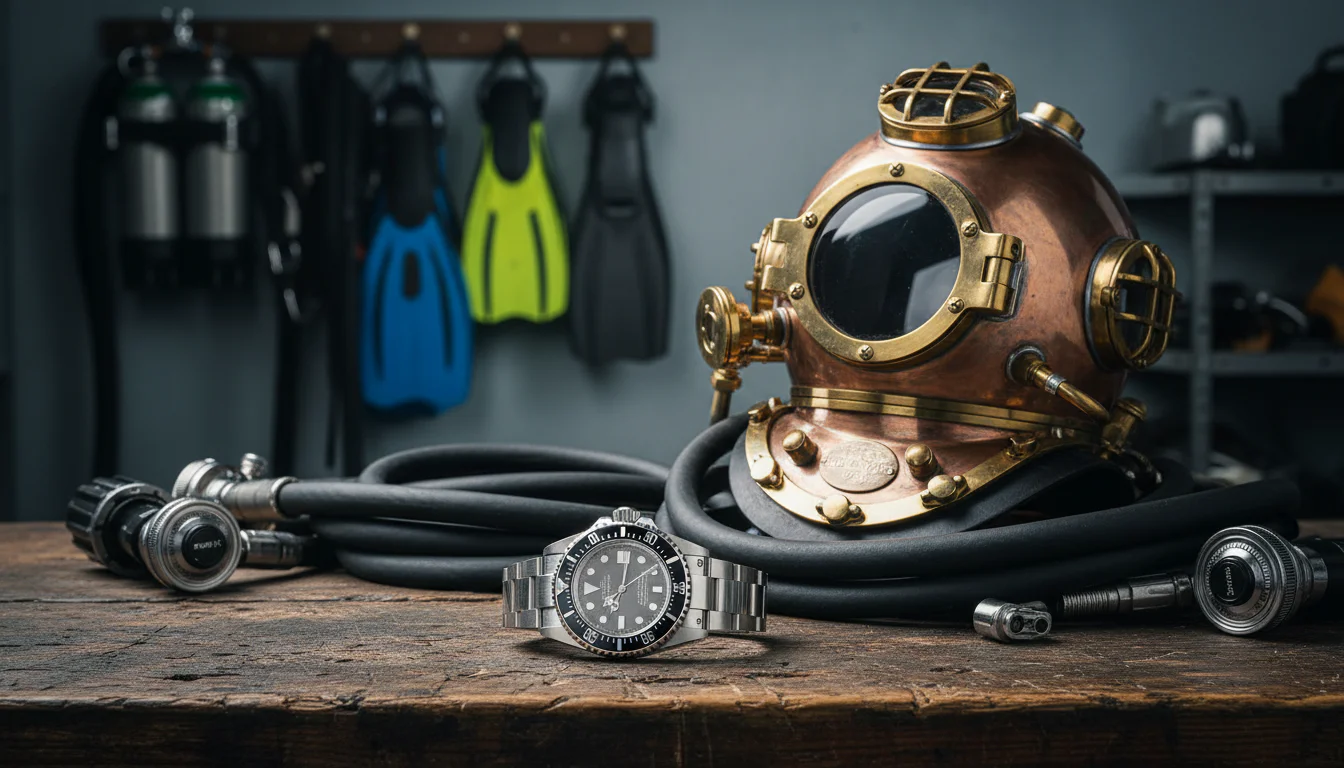A dive watch with a visible helium escape valve resting beside a commercial diving helmet and saturation diving gear