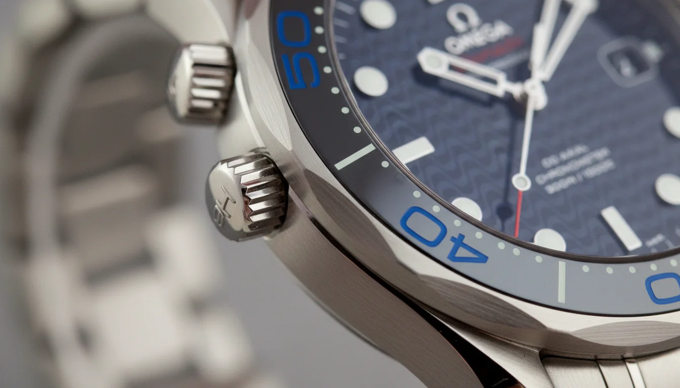 Macro shot of an Omega Seamaster Diver 300M case side showing the manual helium escape valve crown mounted at 10 o'clock, separate from the main crown