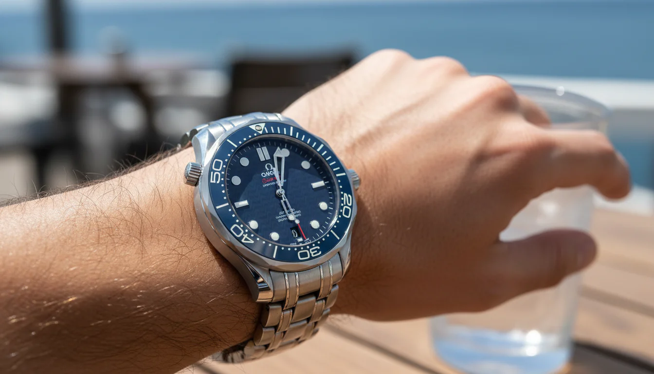 Omega Seamaster Diver 300M worn on the wrist, showing its manual helium escape valve crown at the 10 o'clock position