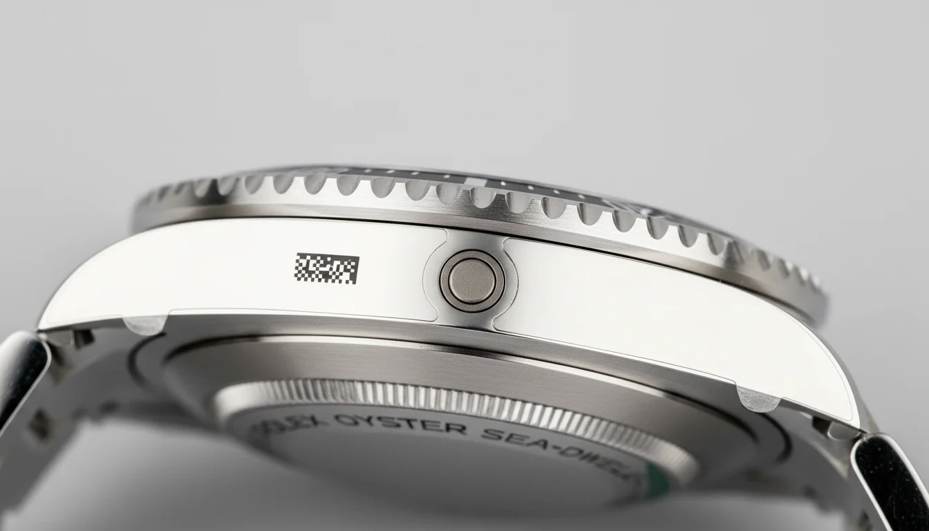 Macro shot of a Rolex Sea-Dweller case side showing the round automatic helium escape valve set flush into the case