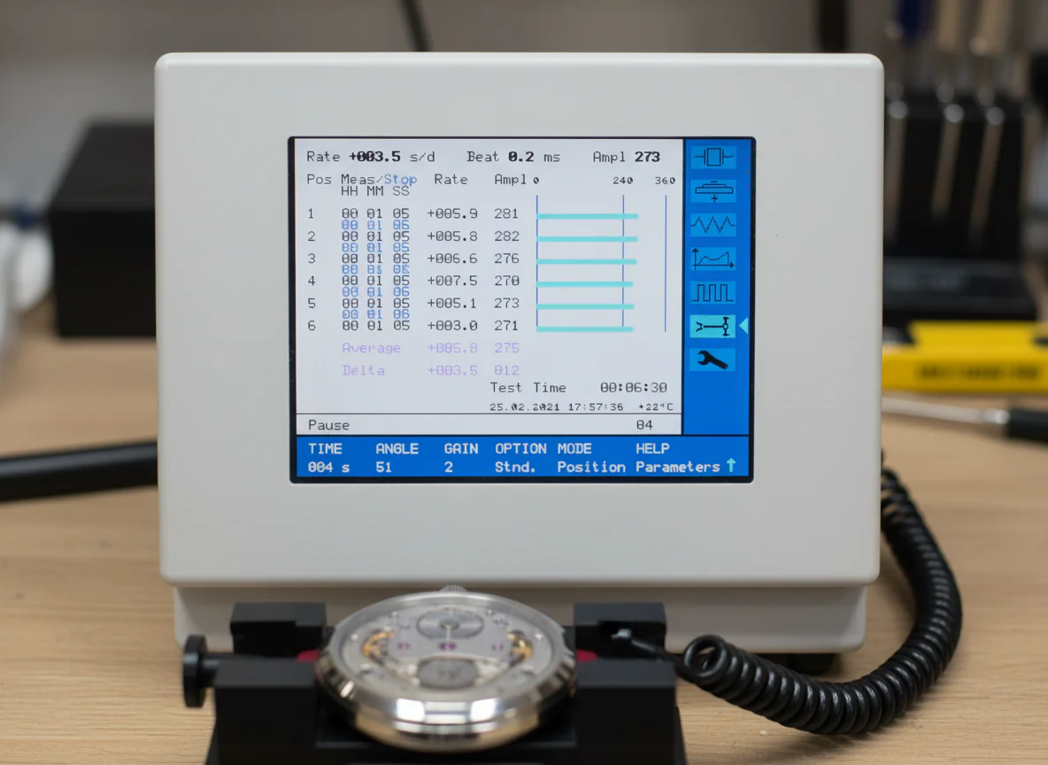 Close-up of a mechanical watch timing machine screen showing rate and amplitude graphs, connected to a movement in a workshop setting.