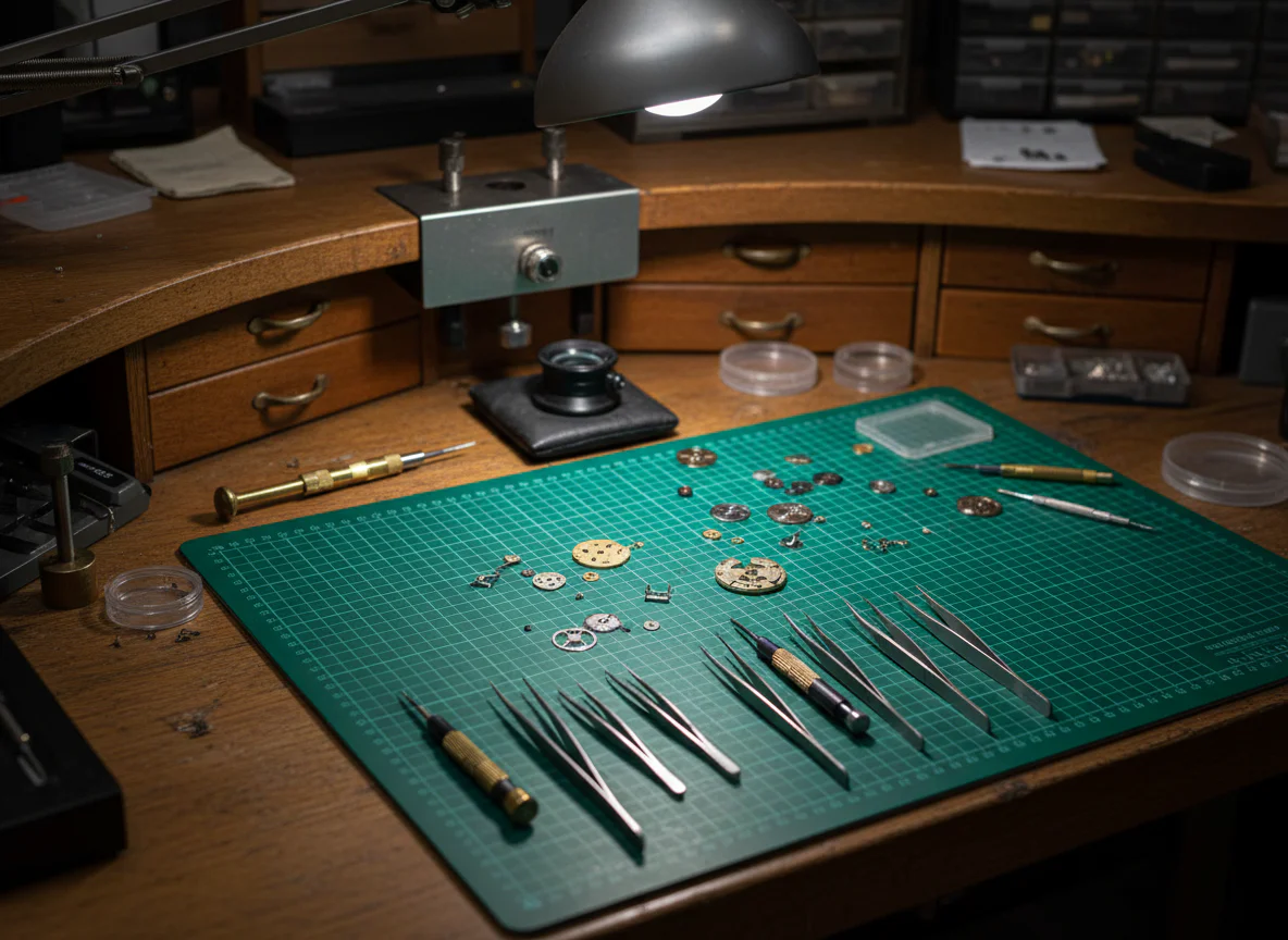 Photograph of a watchmaker's workbench with precision tools, a loupe, tweezers, and small watch parts under a work lamp.