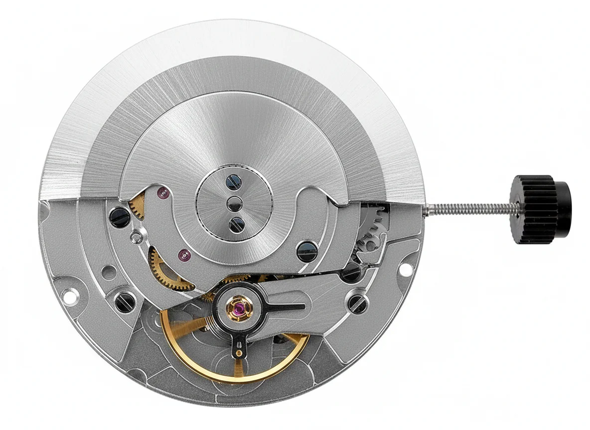 Macro photograph of a plain outsourced watch movement with simple industrial finishing and functional bridges.