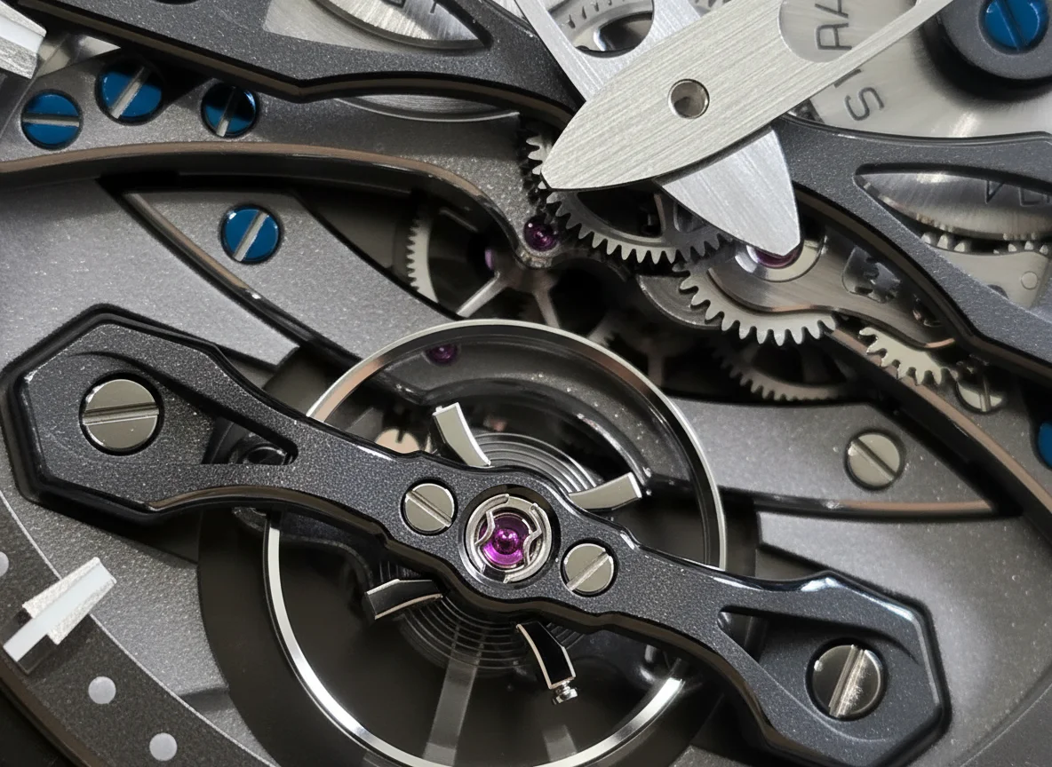 Macro photograph of a finely finished in-house watch movement with decorative bridge striping and blued screws.