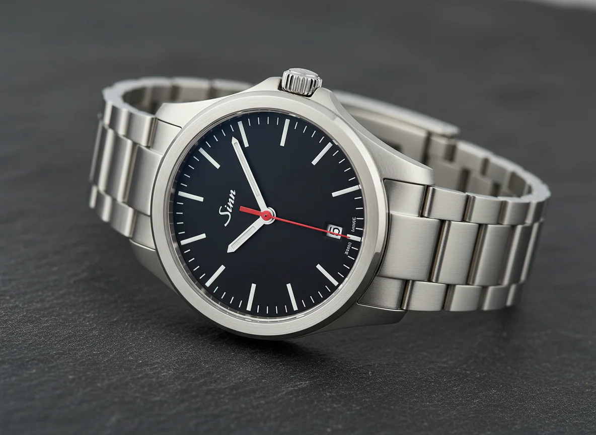 Close-up of the Sinn 544 RS on its H-link steel bracelet, matte black dial with the Sinn logo and a red seconds hand.