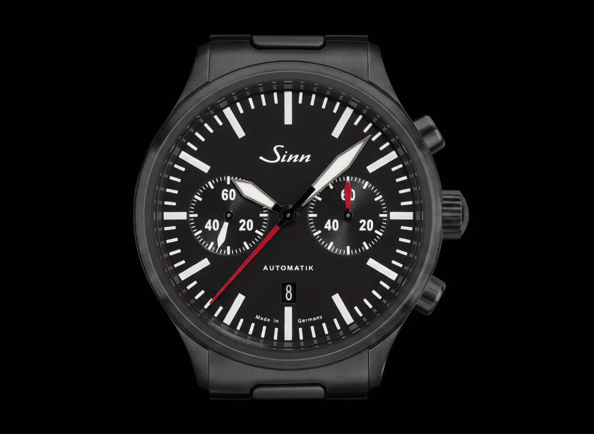 Sinn 936 S chronograph with a matte black dial showing the Sinn logo, red chronograph hands, and black-coated stainless steel case.