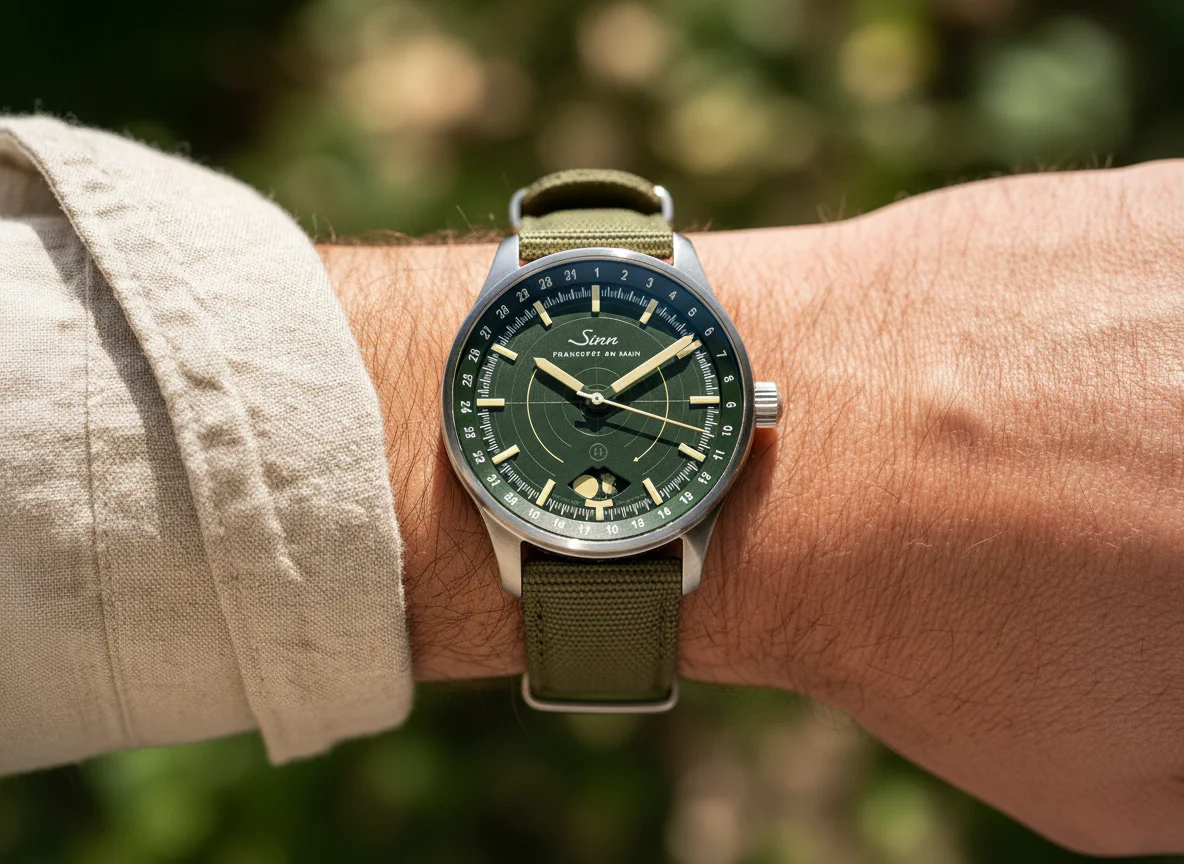Sinn 308 hunting watch worn on the wrist with an olive green strap in natural outdoor light, the Sinn logo visible on the dial.