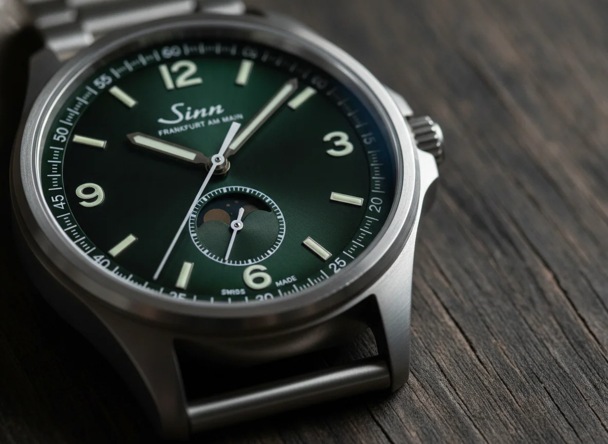 Macro shot of the Sinn 308 hunting watch dial, dark green sunburst finish with the Sinn logo, a moonlight indicator sub-dial, and luminous hour markers.