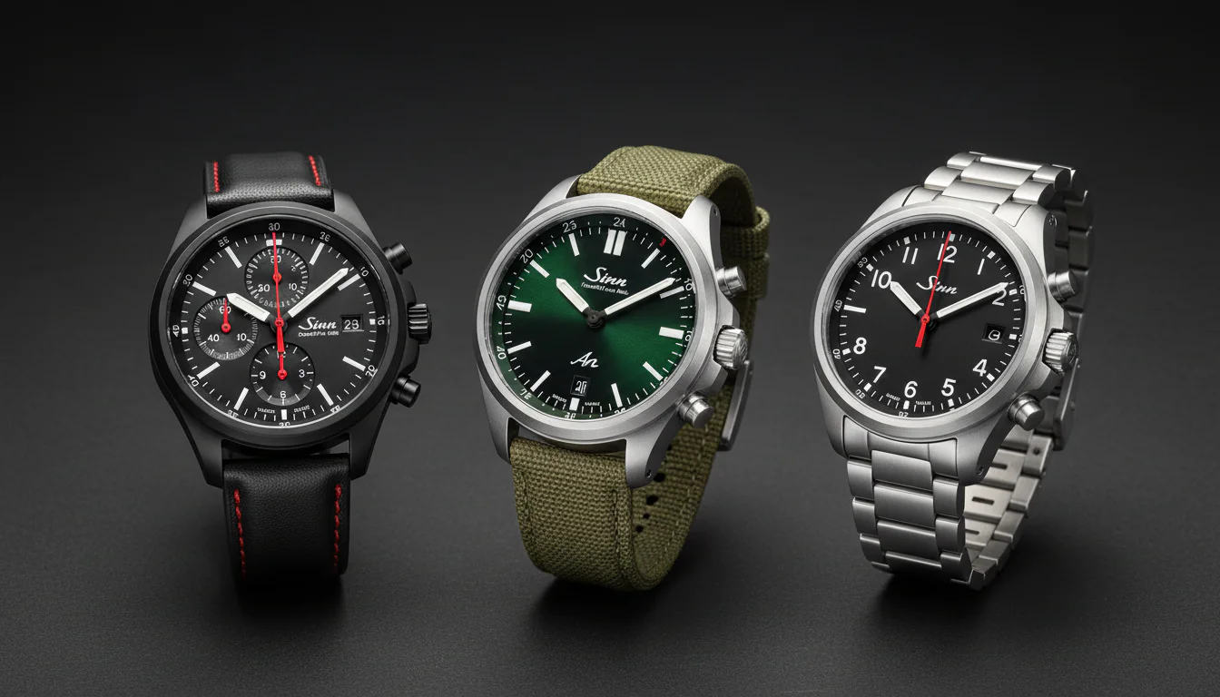 Three new Sinn watches, the 544 RS, 308 hunting watch, and 936 S chronograph, arranged together on a dark studio surface, each dial clearly showing the Sinn logo.