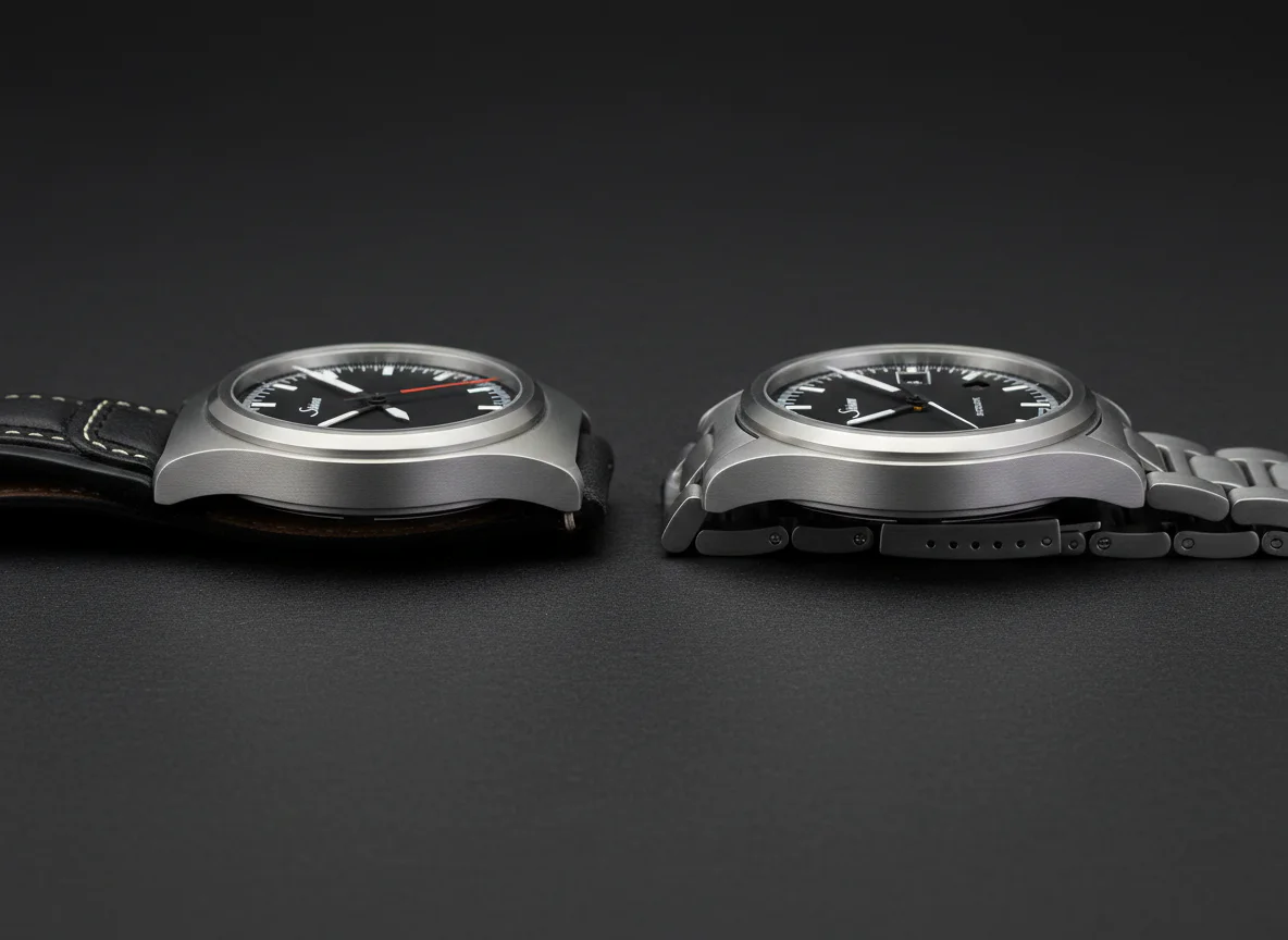 Side profile comparison of two Sinn watch cases, showing the difference between the lugless hooded case and the traditional lugged case.