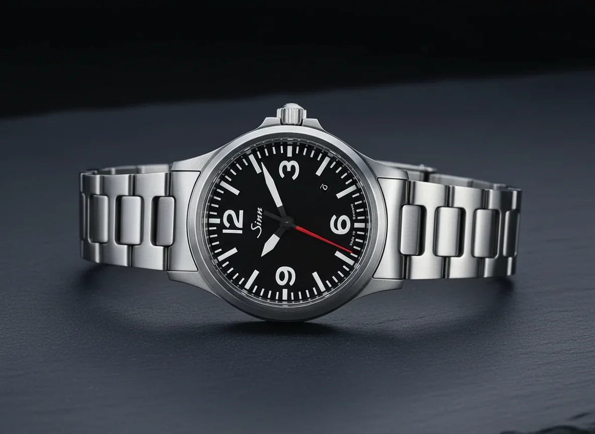 Close-up of a Sinn 556 on its fine-link stainless steel bracelet, Sinn logo visible on the dial, showing the individual link construction.