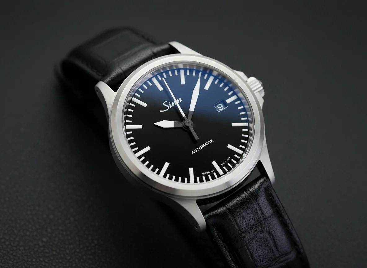 Close-up dial detail of a Sinn 556 pilot watch, matte black dial clearly showing the Sinn logo, white baton indices, and a date window.