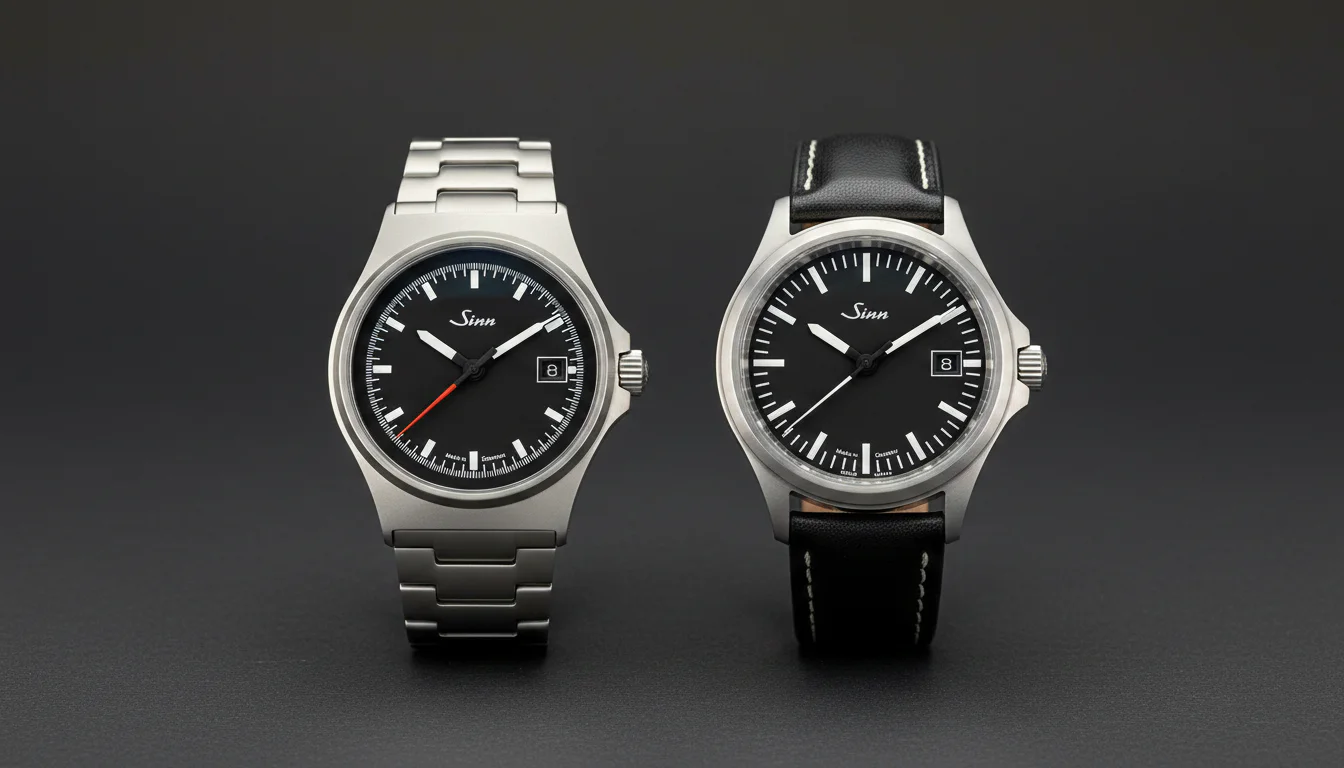 Side-by-side studio comparison of a Sinn 544 RS and a Sinn 556, both dials clearly showing the Sinn logo, illustrating the difference between the integrated-bracelet case and the classic lugged pilot watch case.