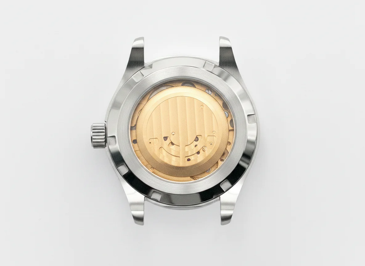 Macro photograph of a plain wristwatch exhibition caseback, sapphire crystal window showing an unbranded rotor and finished movement bridges underneath.