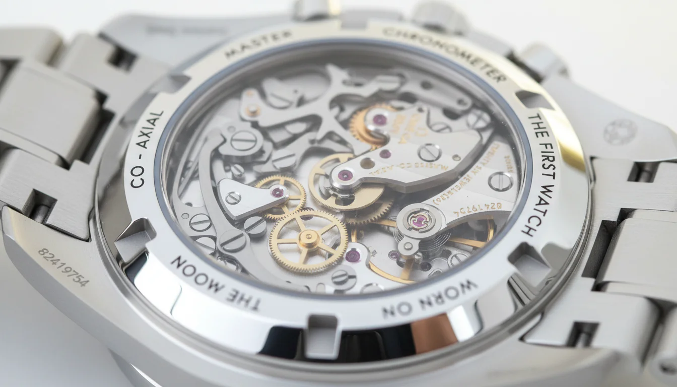 Extreme macro of an Omega Speedmaster sapphire caseback showing the engraved serial number and the Calibre 3861 movement with visible Cotes de Geneve striping