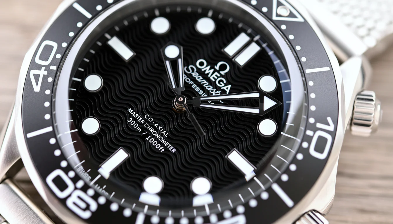 Macro of an Omega Seamaster Diver 300M black wave dial showing the applied hour markers, printed Omega Seamaster Professional text, and Co-Axial Master Chronometer designation