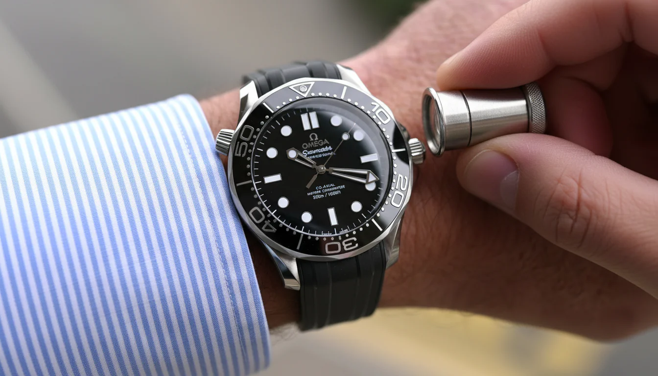 Omega Seamaster Diver 300M worn on the wrist with a jeweler's loupe held nearby, inspecting the case and dial