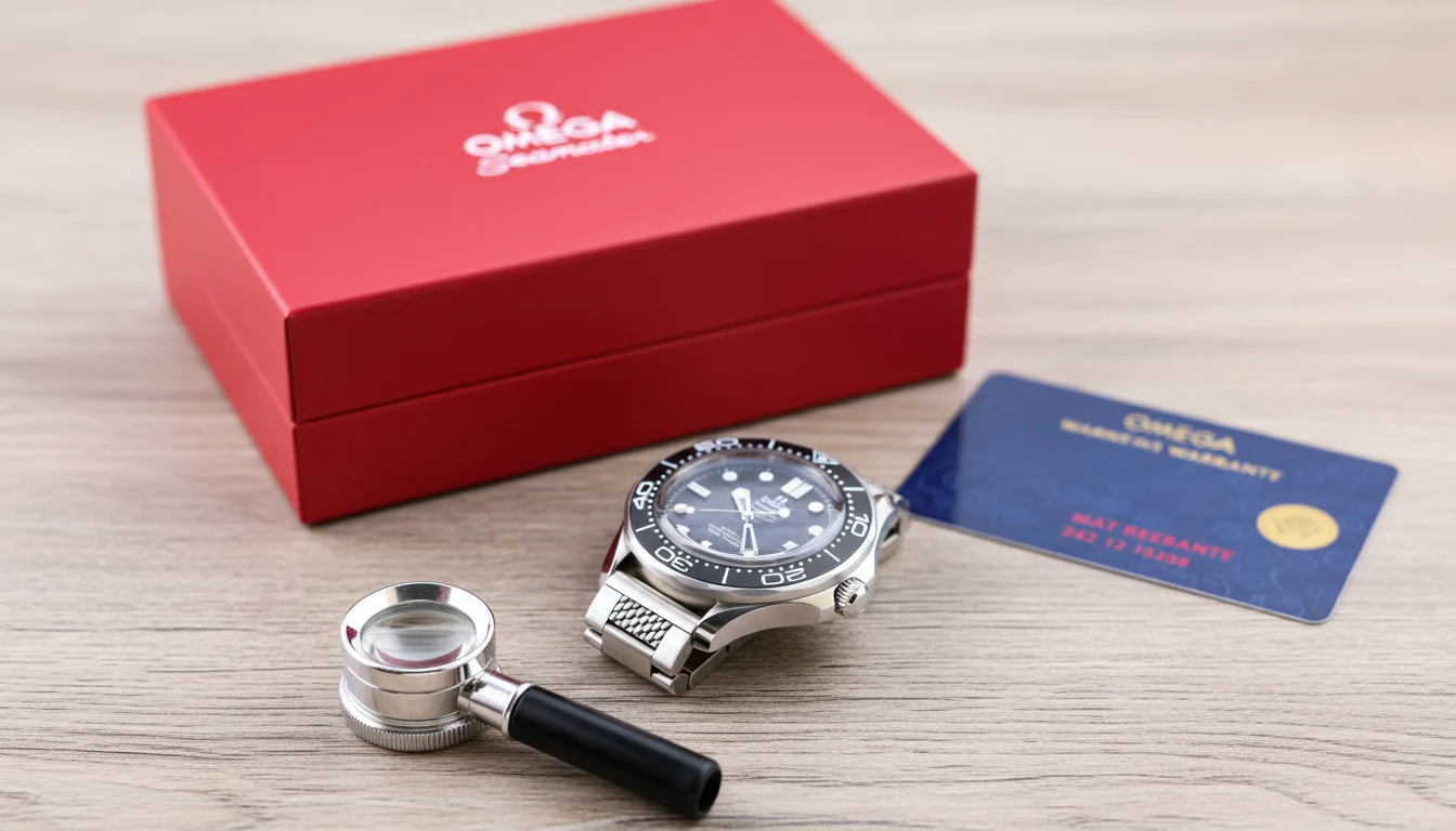 Omega box, warranty card, and a jeweler's loupe arranged beside an Omega Seamaster on a wooden desk
