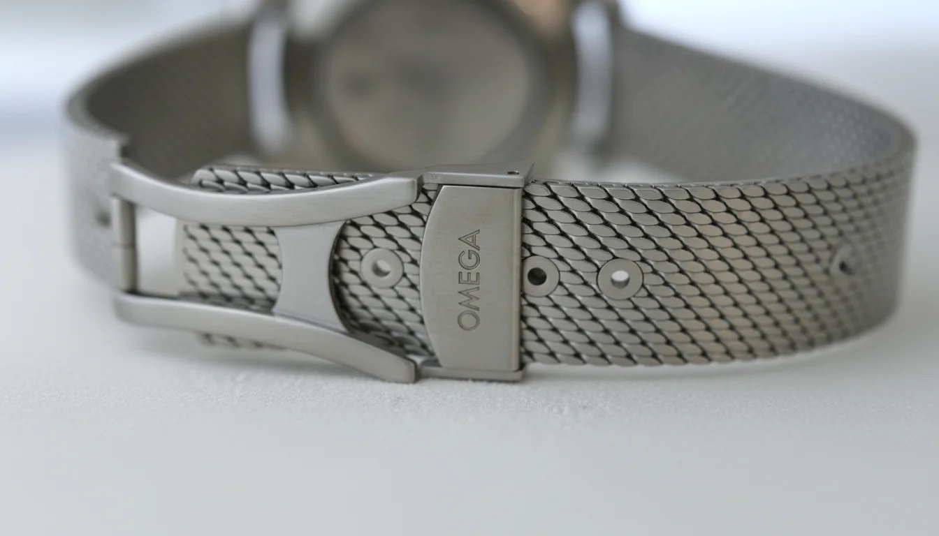 Macro of an Omega mesh bracelet clasp showing the fine woven mesh links and a cleanly engraved OMEGA wordmark on the clasp cover