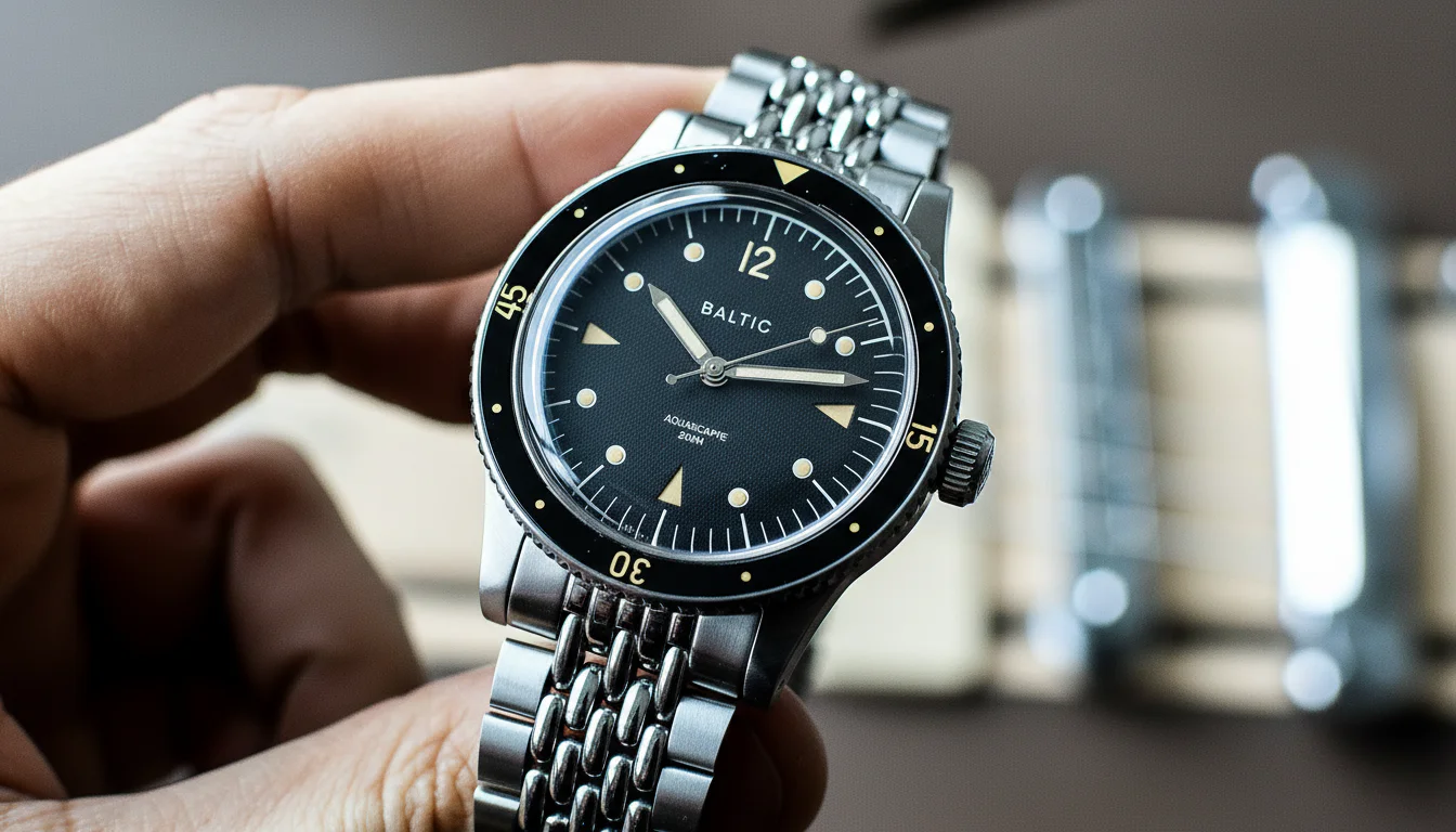Macro of a black dive watch case and knurled unidirectional rotating bezel held in hand, showing the case construction and crown