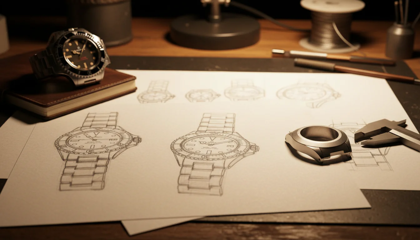Watch designer's workbench with pencil sketches of a dive watch case and bezel, a steel case prototype, calipers, and a finished branded dive watch resting nearby