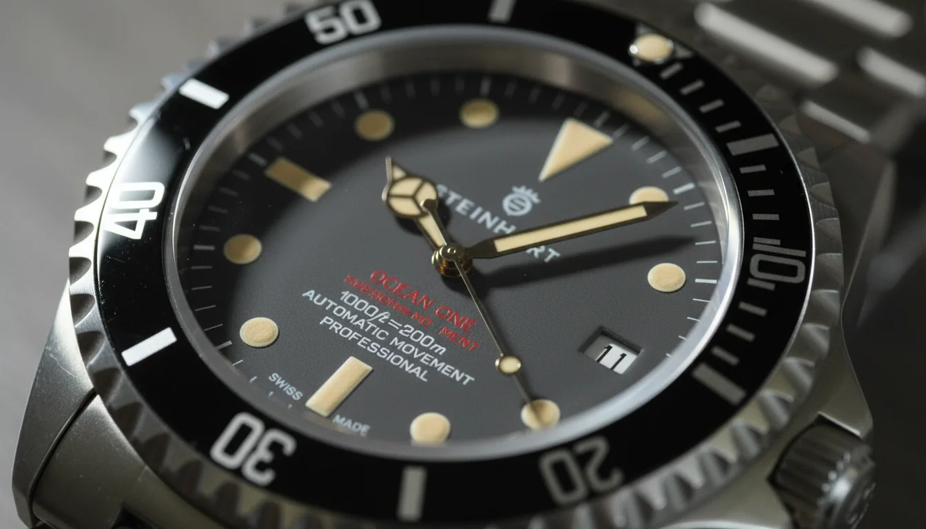 Macro of a homage dive watch dial showing its own brand wordmark, applied hour markers, and black bezel edge
