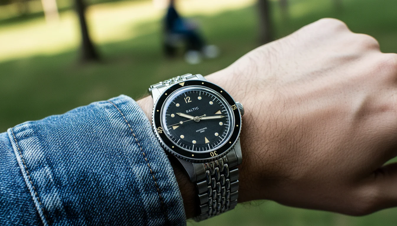 Homage dive watch worn casually on a wrist over a denim jacket sleeve outdoors