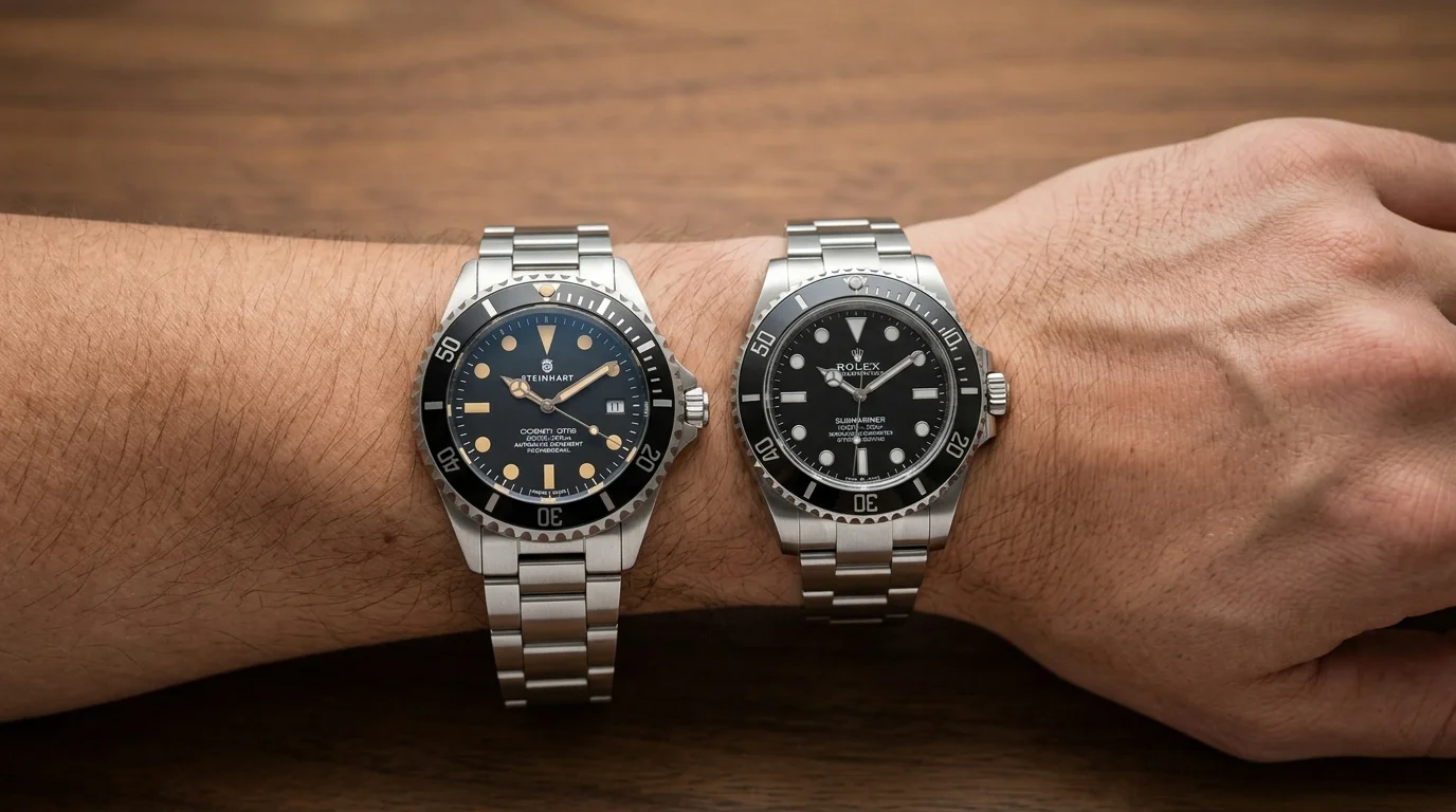 Two black dial dive watches worn side by side on a wrist, one branded Steinhart and one a genuine Rolex Submariner, showing similar case and bezel design but different dial branding