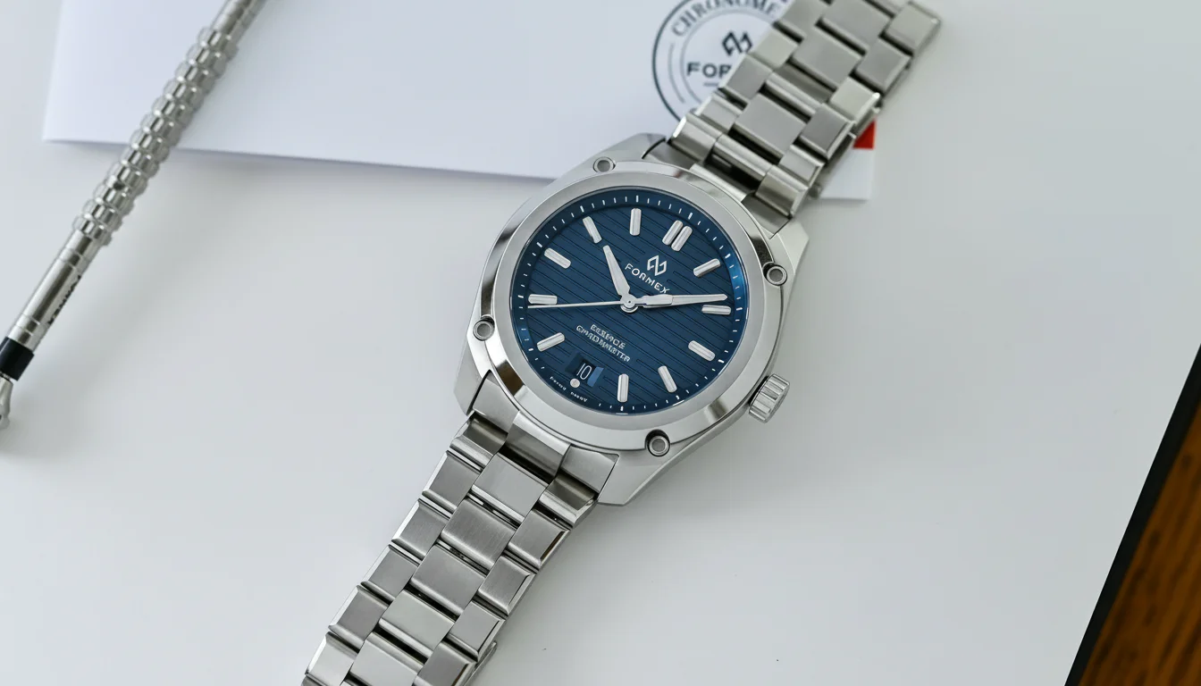 Formex Essence 39mm watch with a blue textured dial resting on official COSC chronometer certification documents beside a screwdriver